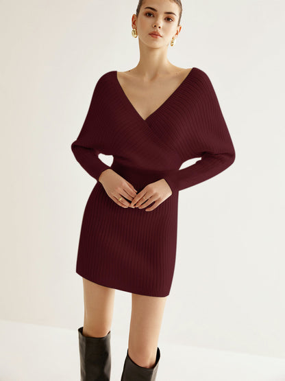 Women’s Knit Mini Dress - Ribbed Texture - Deep V-Neck - Long Sleeve Fitted Style