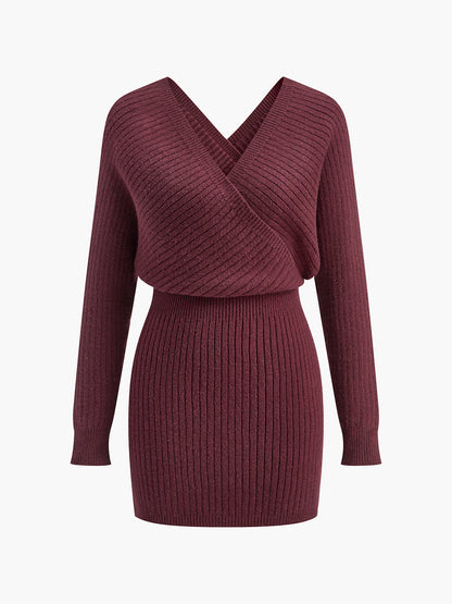 Women’s Knit Mini Dress - Ribbed Texture - Deep V-Neck - Long Sleeve Fitted Style