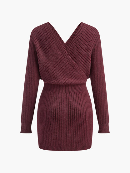 Women’s Knit Mini Dress - Ribbed Texture - Deep V-Neck - Long Sleeve Fitted Style