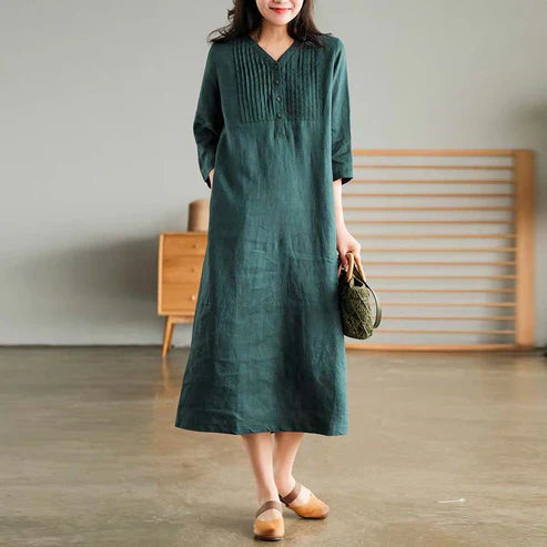 Women's V-Neck Dress - Loose Fit - Three-Quarter Sleeve - Pleated Casual Wear