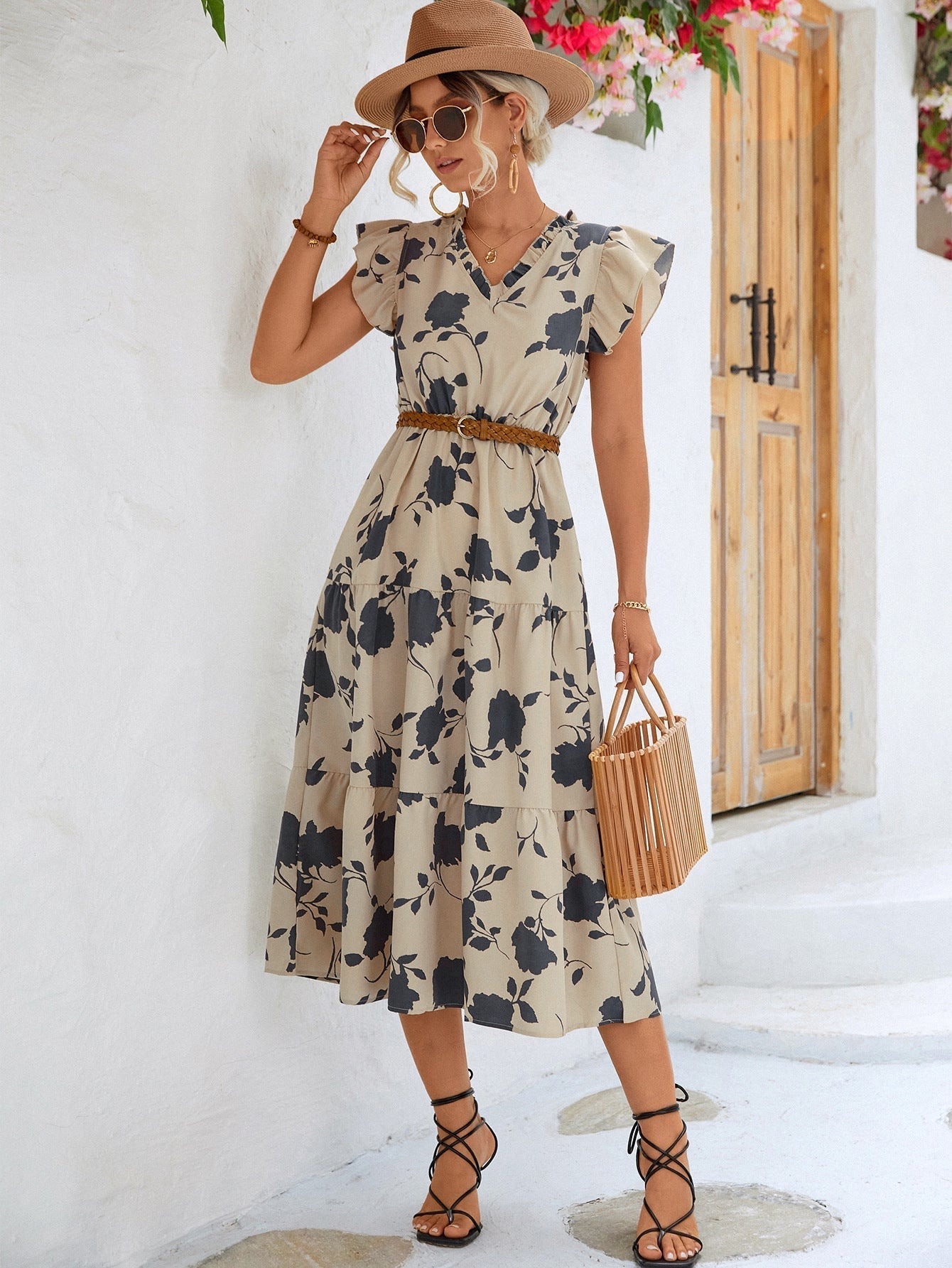 Women's Midi Dress - Floral Print - V-Neck - Flutter Sleeves - Elastic Waist - A-Line