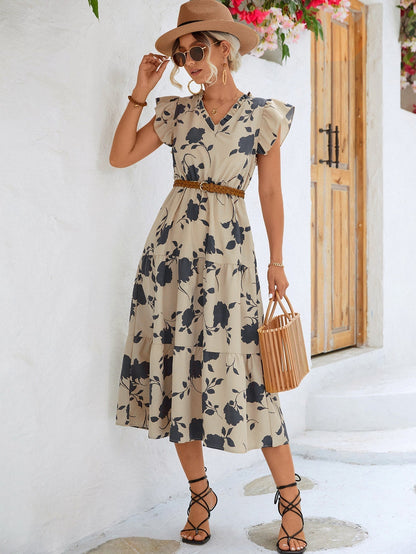 Women's Midi Dress - Floral Print - V-Neck - Flutter Sleeves - Elastic Waist - A-Line