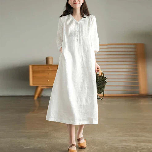 Women's V-Neck Dress - Loose Fit - Three-Quarter Sleeve - Pleated Casual Wear
