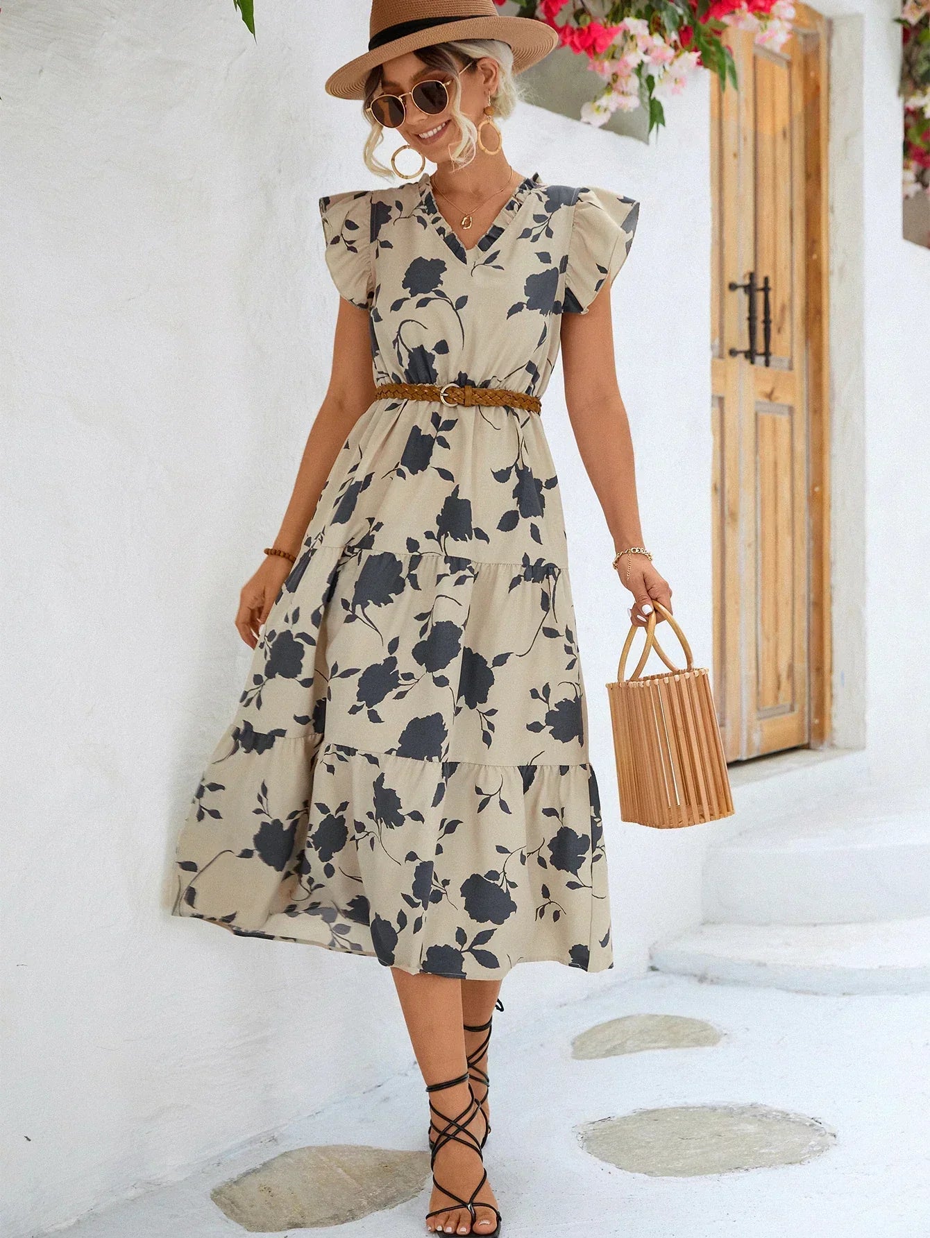 Women's Midi Dress - Floral Print - V-Neck - Flutter Sleeves - Elastic Waist - A-Line