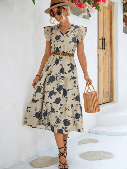 Women's Midi Dress - Floral Print - V-Neck - Flutter Sleeves - Elastic Waist - A-Line