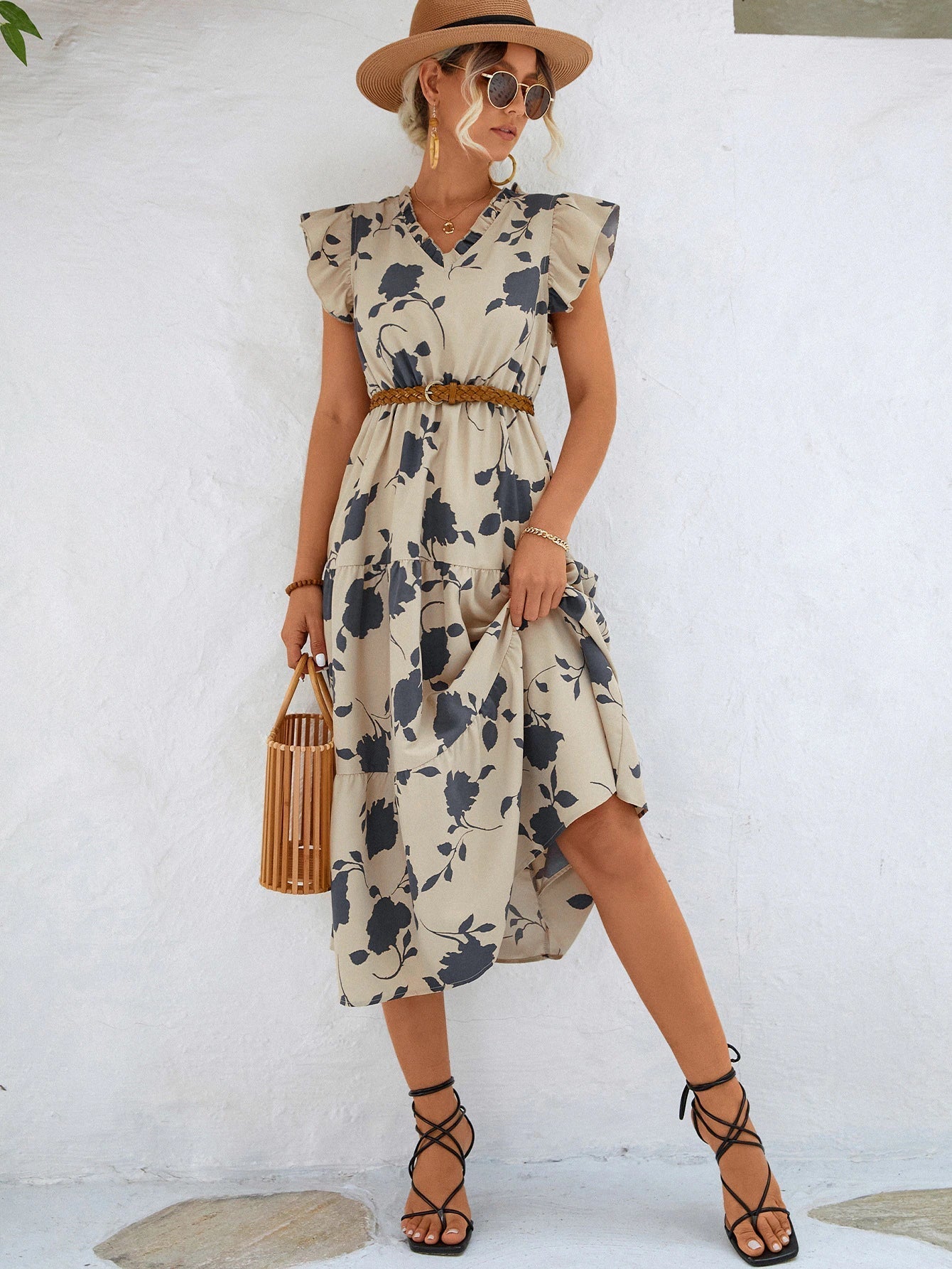 Women's Midi Dress - Floral Print - V-Neck - Flutter Sleeves - Elastic Waist - A-Line