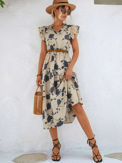 Women's Midi Dress - Floral Print - V-Neck - Flutter Sleeves - Elastic Waist - A-Line
