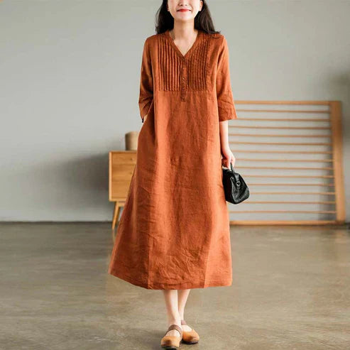 Women's V-Neck Dress - Loose Fit - Three-Quarter Sleeve - Pleated Casual Wear