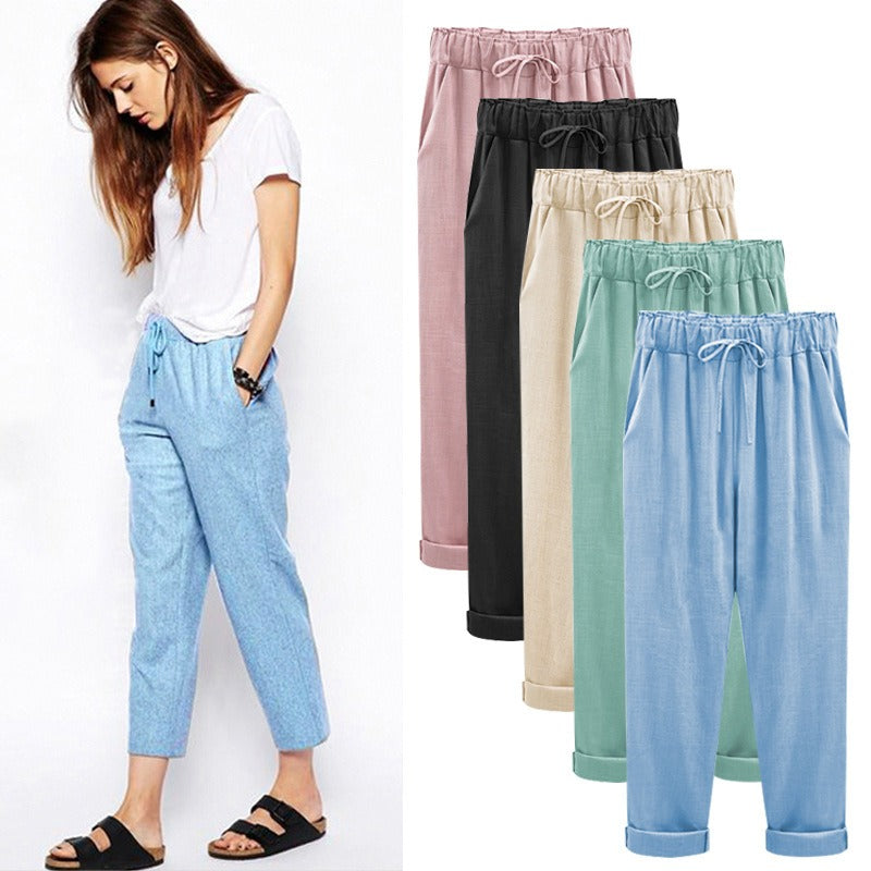 Women's Linen Pants - Loose Fit - Elastic Waist with Drawstring - Cropped Casual Wear