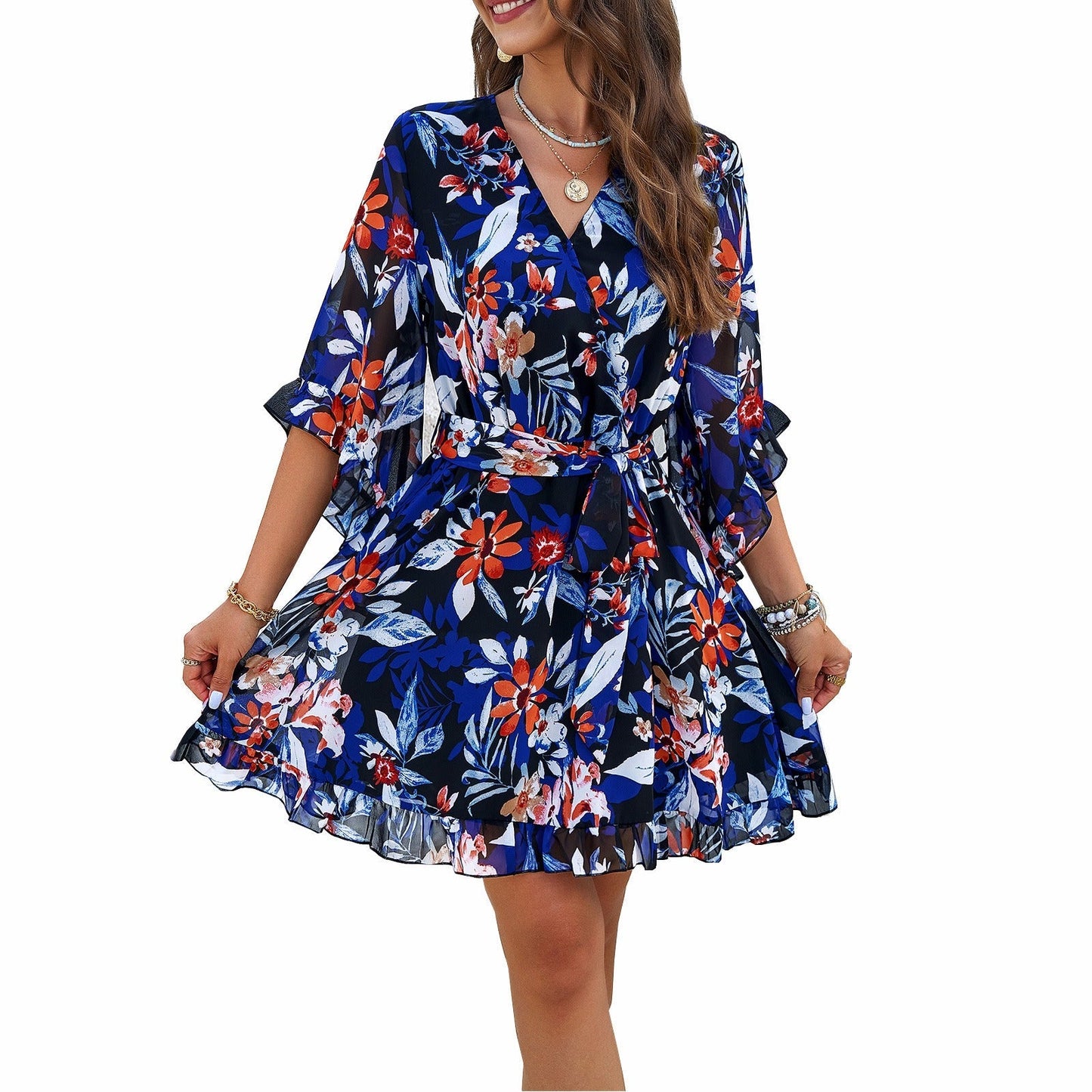 Women's Floral Dress - V-Neck - Ruffled Sleeves - Belted Waist - Flowy Lightweight Fit