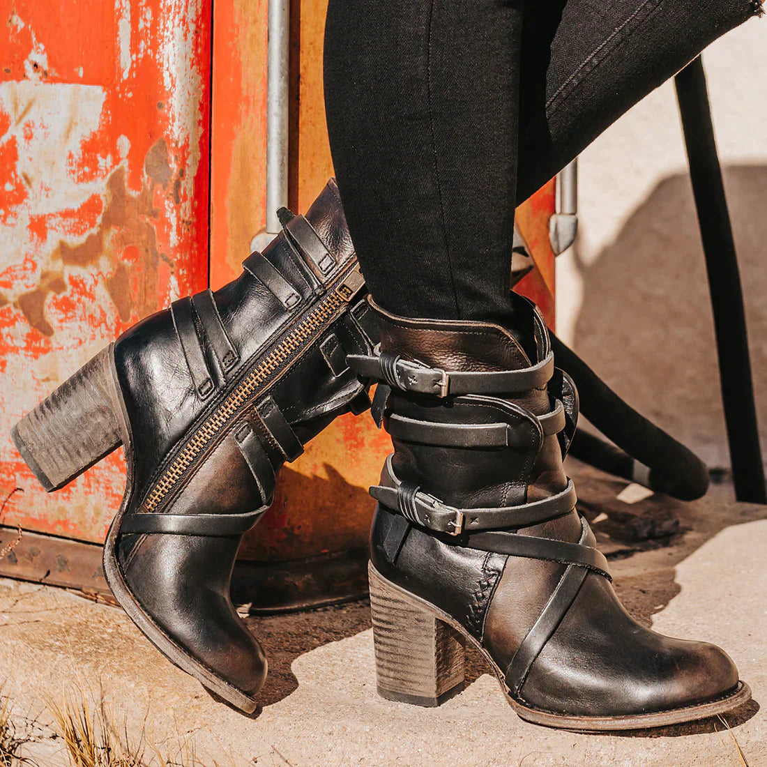 Women's retro leather boots with belt buckle design