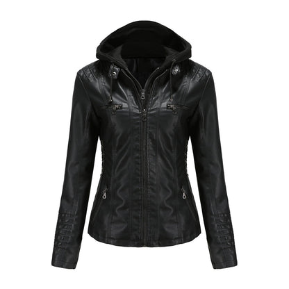 Women's faux leather hooded moto jacket with zipper pockets