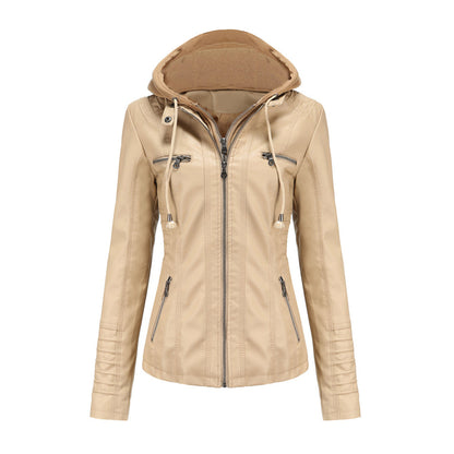 Women's faux leather hooded moto jacket with zipper pockets