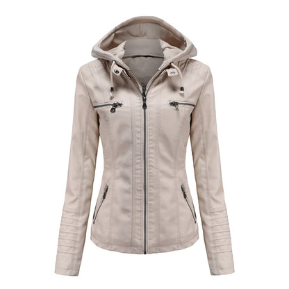 Women's faux leather hooded moto jacket with zipper pockets