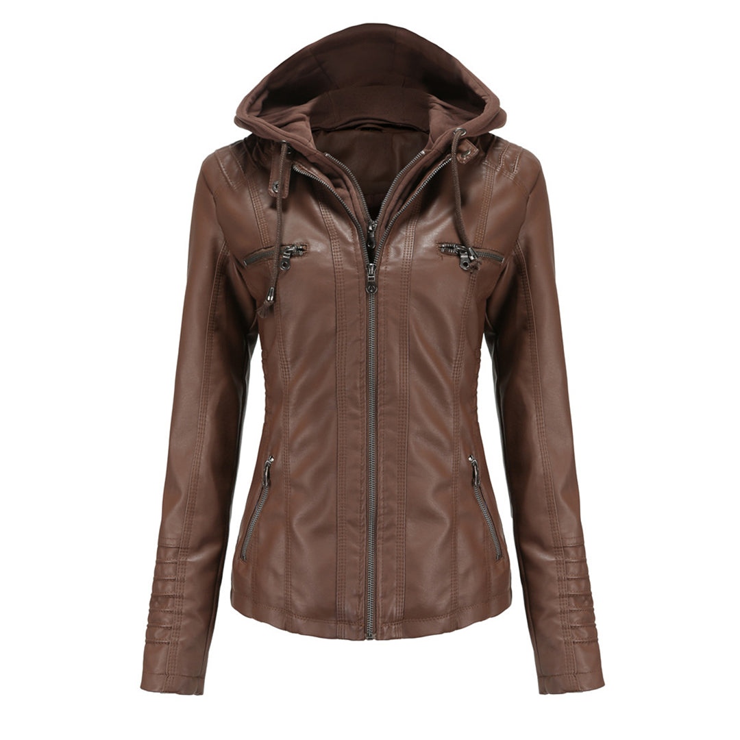 Women's faux leather hooded moto jacket with zipper pockets