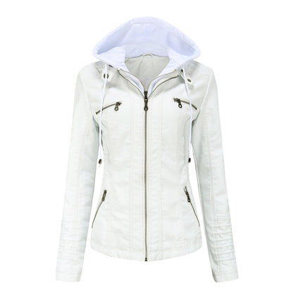 Women's faux leather hooded moto jacket with zipper pockets