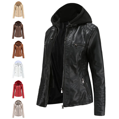 Women's faux leather hooded moto jacket with zipper pockets