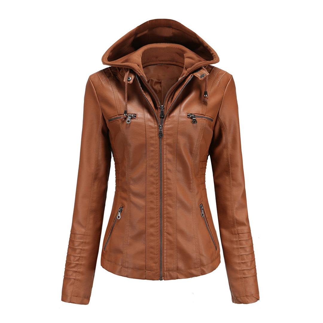 Women's faux leather hooded moto jacket with zipper pockets