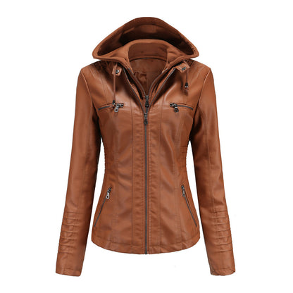 Women's faux leather hooded moto jacket with zipper pockets