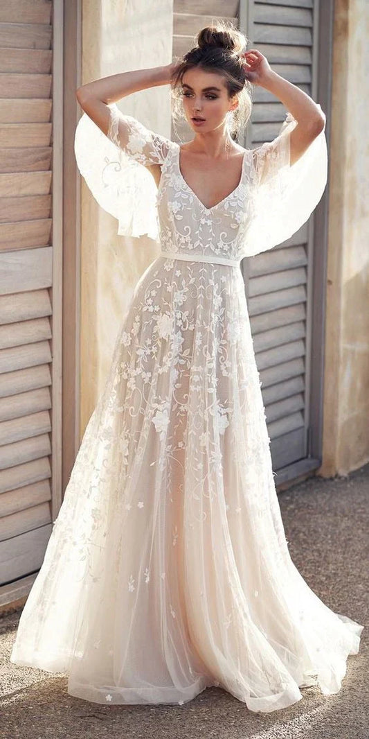 Sheer Embroidered Flutter Sleeve A-Line Gown