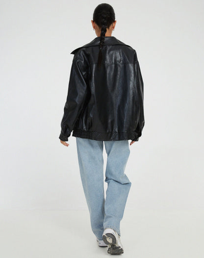 Women’s Leather Jacket – Oversized Fit – Zipper Front – Hip Length – Casual Outerwear
