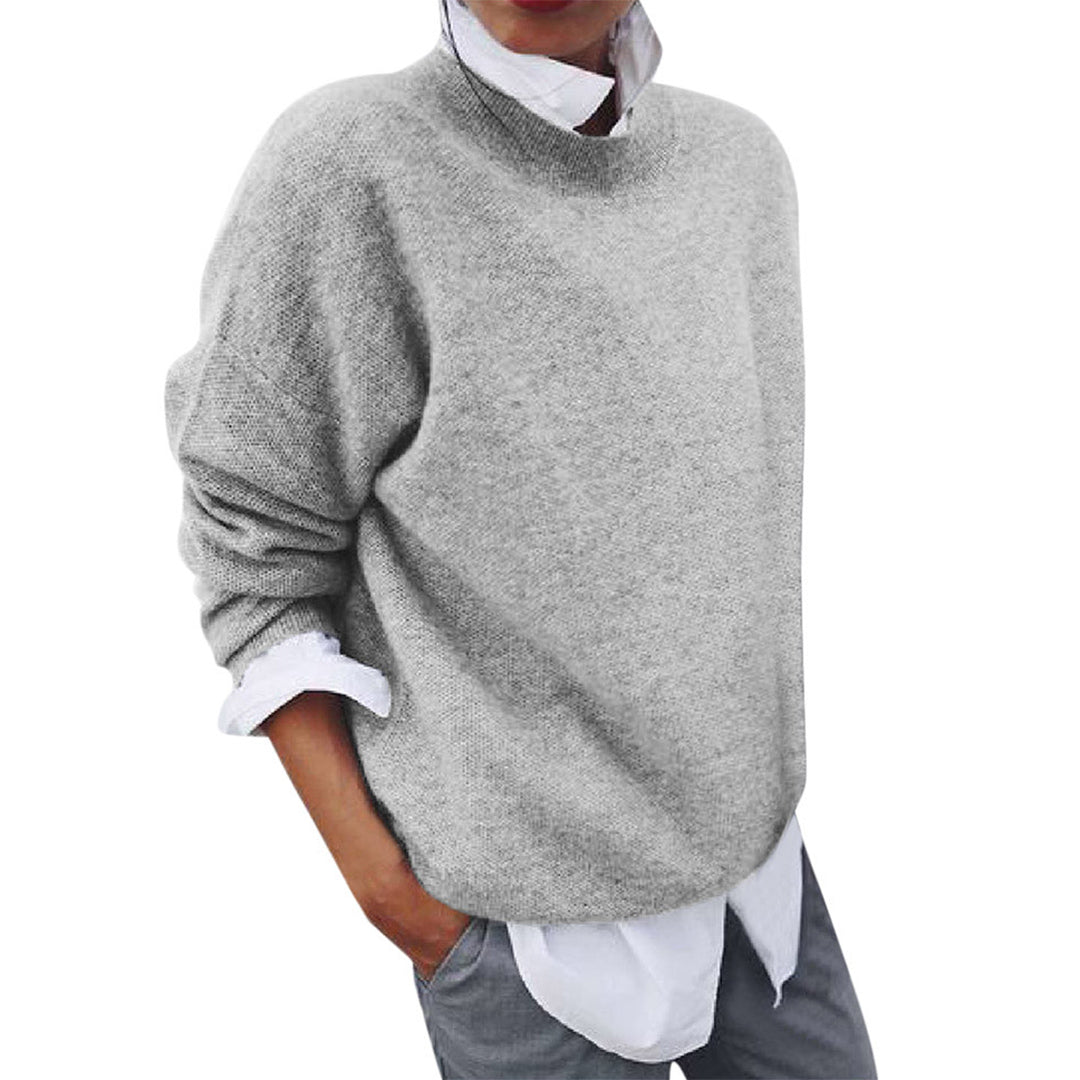 Women's long-sleeved round neck solid color knitted sweater