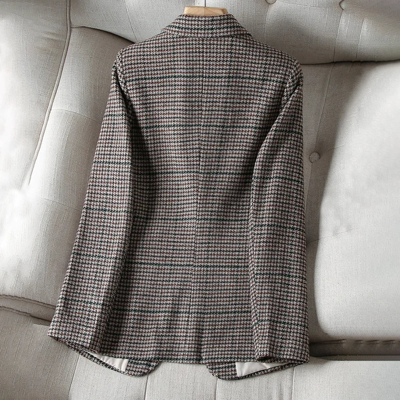 Checked blazer jacket for women with single button closure