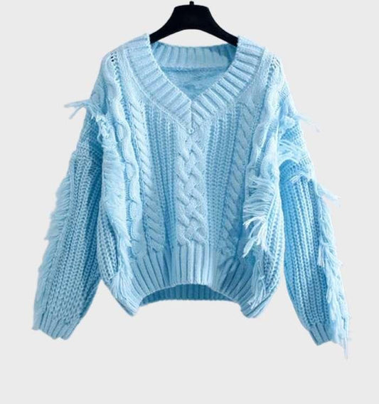 Ribbed Sleeve Knit V-Neck Sweater