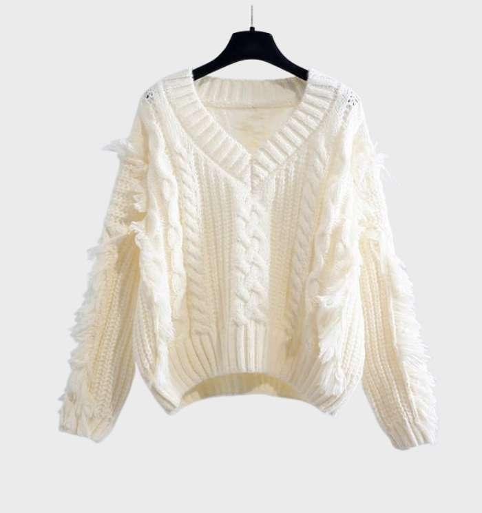 Women's v-neck knit sweater with ribbed sleeves