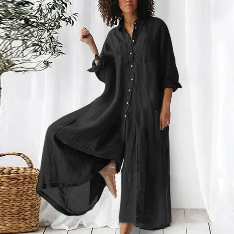 Women’s Jumpsuit – Oversized Fit – Breathable Blend – Full-Length – Button-Down – Pocketed