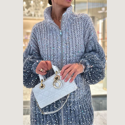 Women's Oversized Knitted Cardigan - Chunky Ribbed Texture - Sequin Embellished - Zip Up