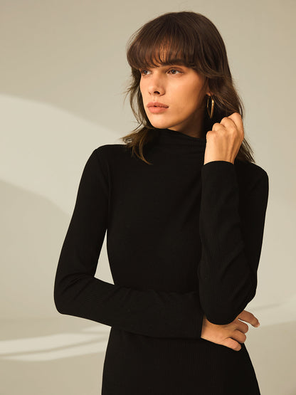 Women's Rib-Knit Bodycon Dress - High Neck - Long Sleeve - Side Slit Elegant Fit