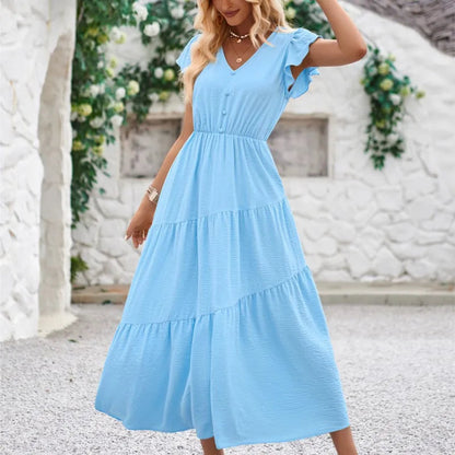 Women's Maxi Dress - V-Neck - Short Flutter Sleeves - Tiered Flowy Skirt - Button Detail