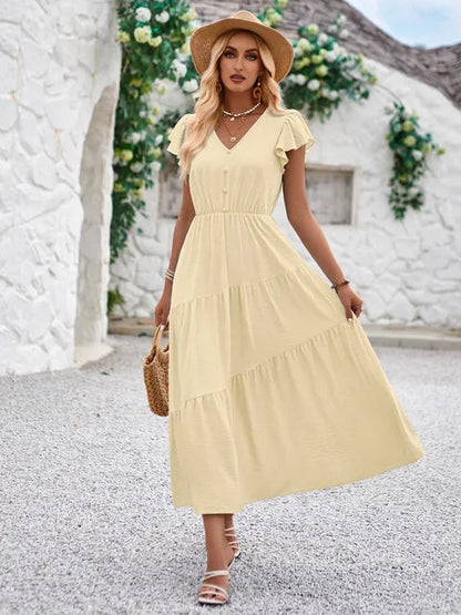 Women's Maxi Dress - V-Neck - Short Flutter Sleeves - Tiered Flowy Skirt - Button Detail