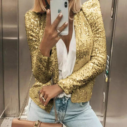 Women's Sequin Jacket - Fitted Silhouette - Collarless Design - Long Sleeve Party Wear