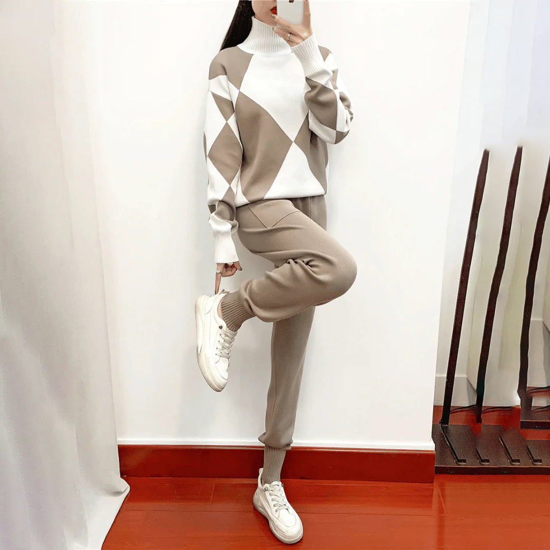 Women's autumn/winter knitted plaid turtleneck sweater and jogger set