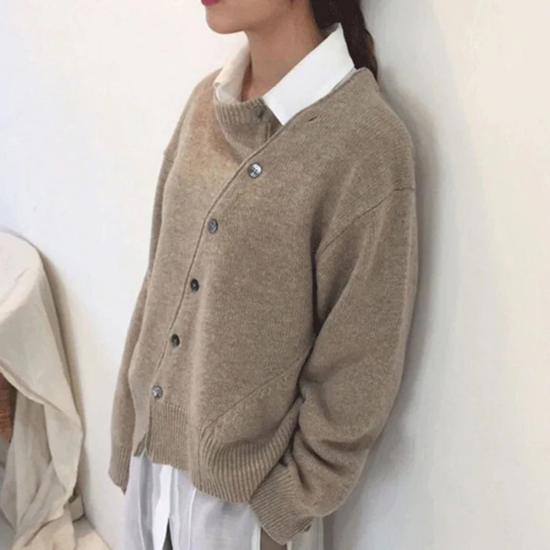 Women's diagonal button round neck knitted sweater