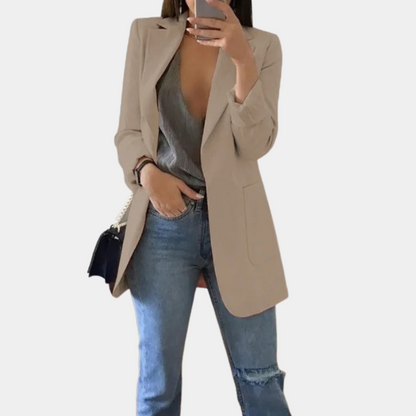 Women’s Blazer – Tailored Longline Fit – Open Front – Notched Lapel – Flap Pockets