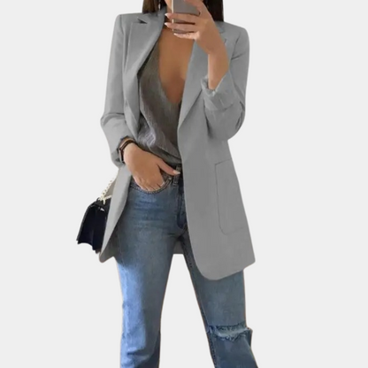Women’s Blazer – Tailored Longline Fit – Open Front – Notched Lapel – Flap Pockets