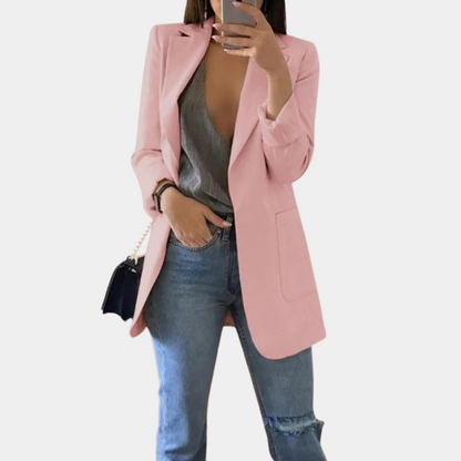 Women’s Blazer – Tailored Longline Fit – Open Front – Notched Lapel – Flap Pockets