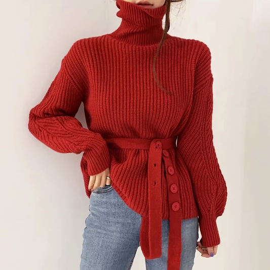Lace-Up High Collar Knit Puff Sleeve Sweater
