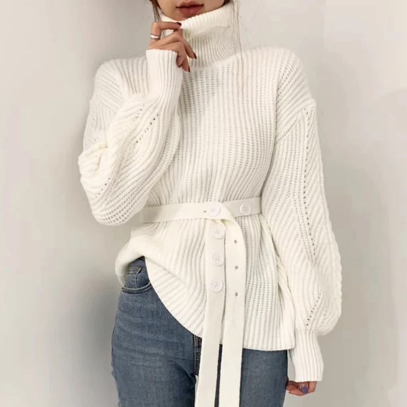 Women's knit high collar lace-up puff sleeve sweater