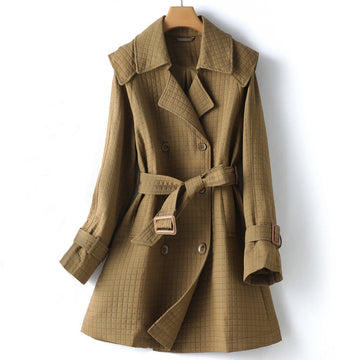 Women's square plaid belted lapel trench coat