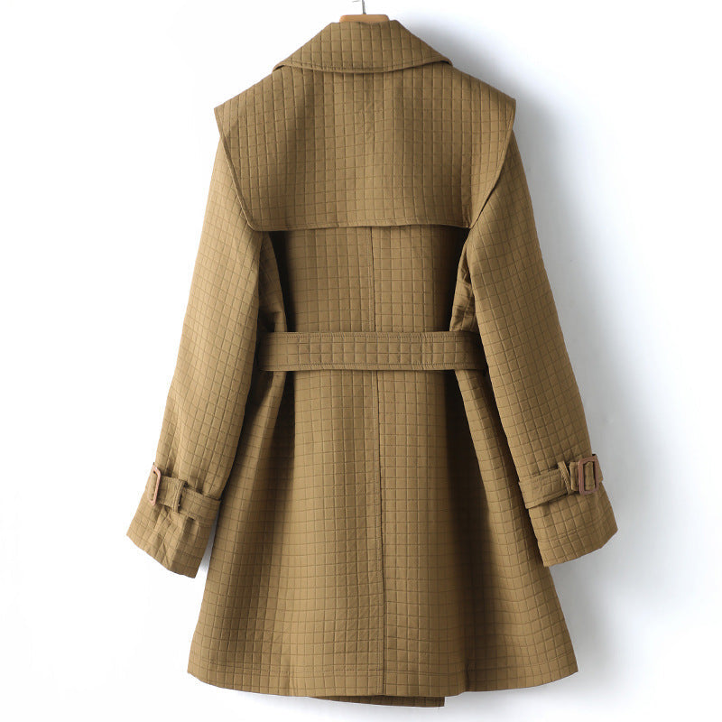 Women's square plaid belted lapel trench coat