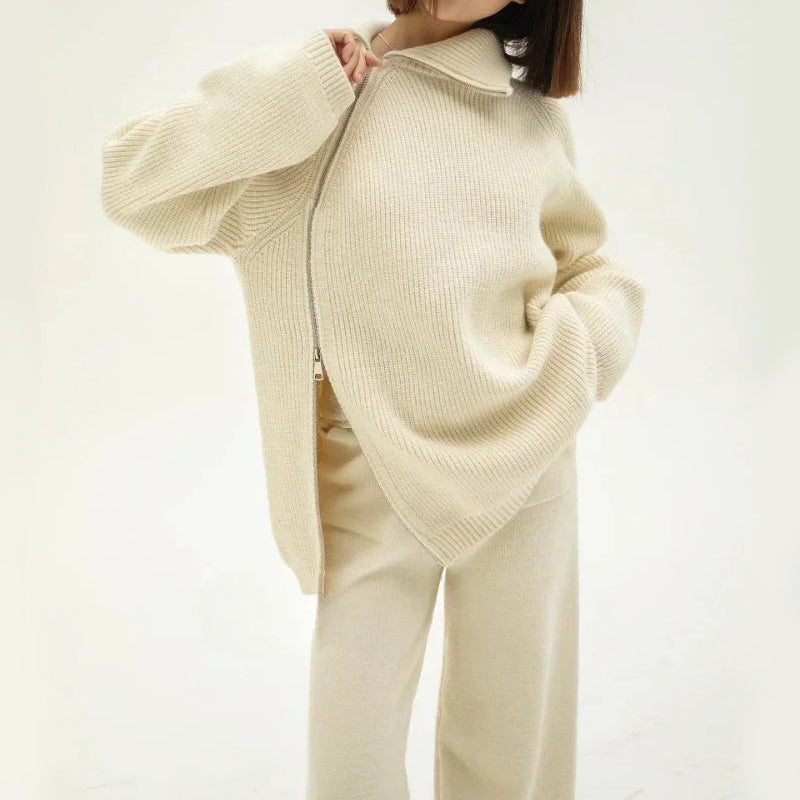 Loose Side-Zip Design Knit Top and Pants