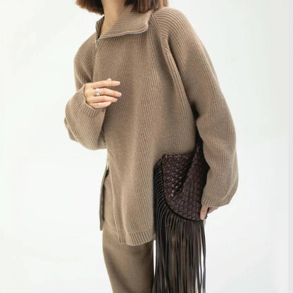 Women's loose side-zip design top with knitted pants