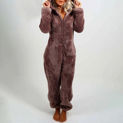 Women's Plush Hooded Onesie - Soft Fleece - Full Zip - Cozy Loungewear