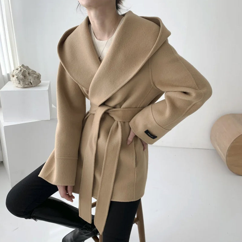 Women's autumn chic hooded lapel woolen coat with waist strap