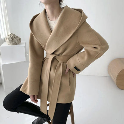 Women's autumn chic hooded lapel woolen coat with waist strap
