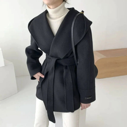 Hooded Woolen Waist Strap Lapel Coat